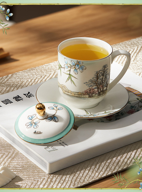 玛戈隆特骨瓷茶杯带盖西湖盛宴会务办公室高档家用泡茶杯子高级感