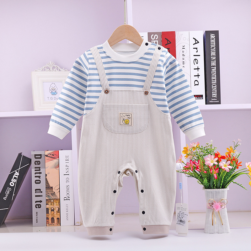 婴儿连体衣秋纯棉假背带宝宝哈衣假两件春秋款爬爬服新生儿衣服