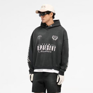 潮牌世界冠军赛车徽章印花水洗做旧复古连帽卫衣帽衫 VINTAGE美式