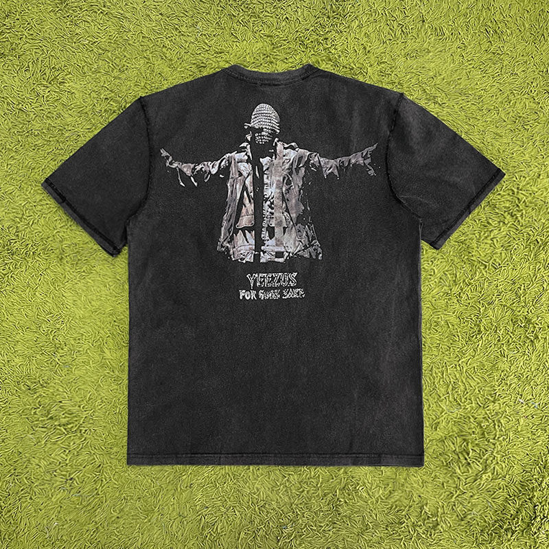 kanye west 蒙面说唱歌手侃爷人物印花水洗做旧复古高街短袖t恤潮