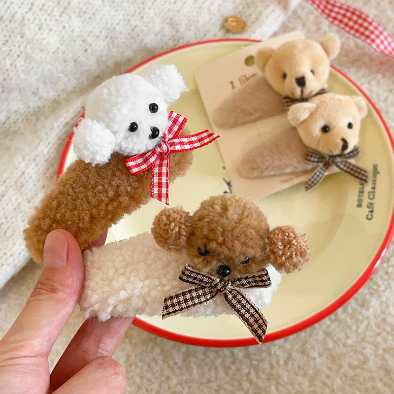 秋冬卡通小熊边夹布艺格子蝴蝶结bb夹泰迪狗狗刘海发夹女发饰头饰