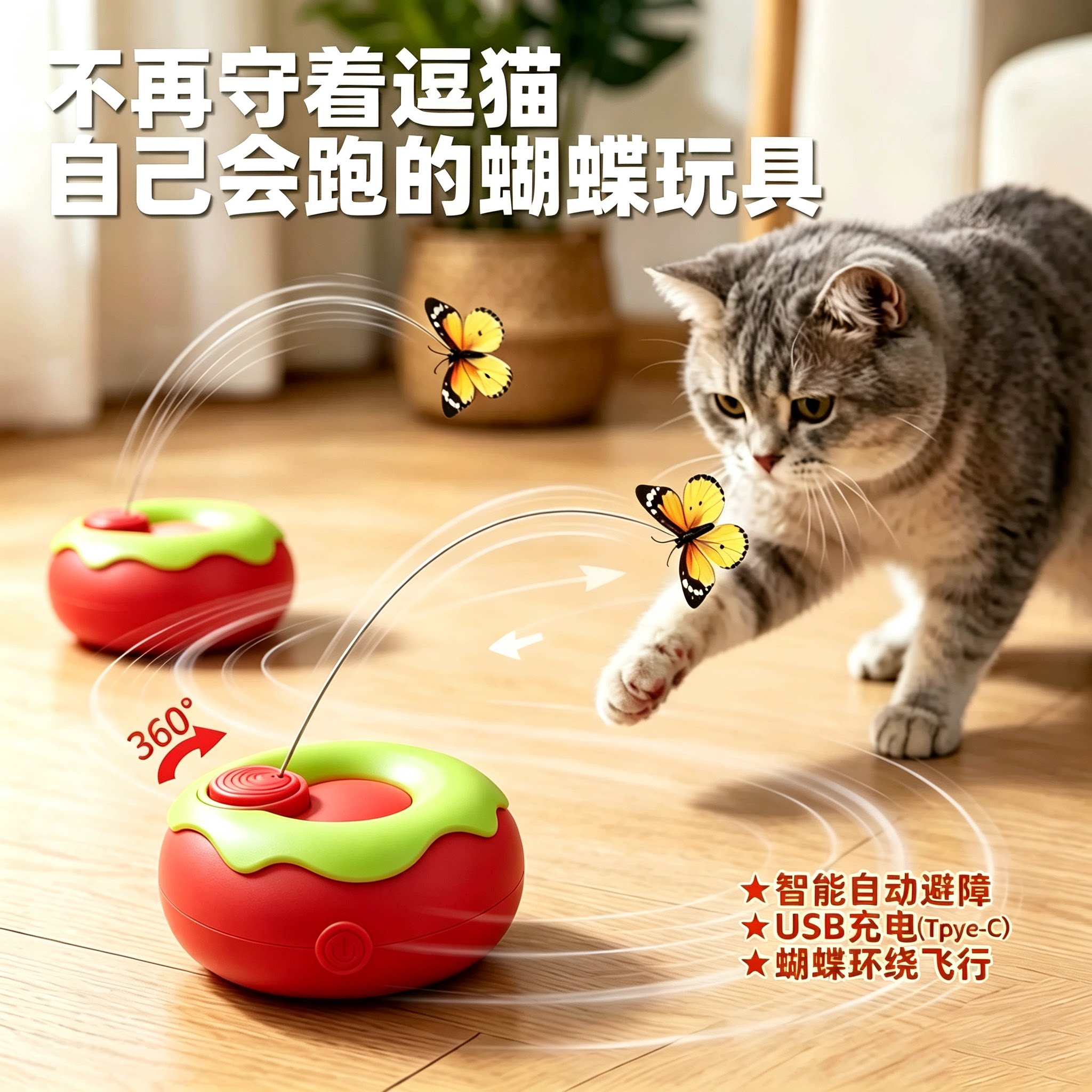 自动逗猫棒电动蝴蝶猫咪玩具猫咪自嗨解闷神器消耗体力智能逗猫球
