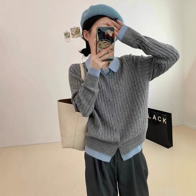 春秋假两件polo领短款麻花针织衫女春秋内搭叠穿针织开衫长袖上衣