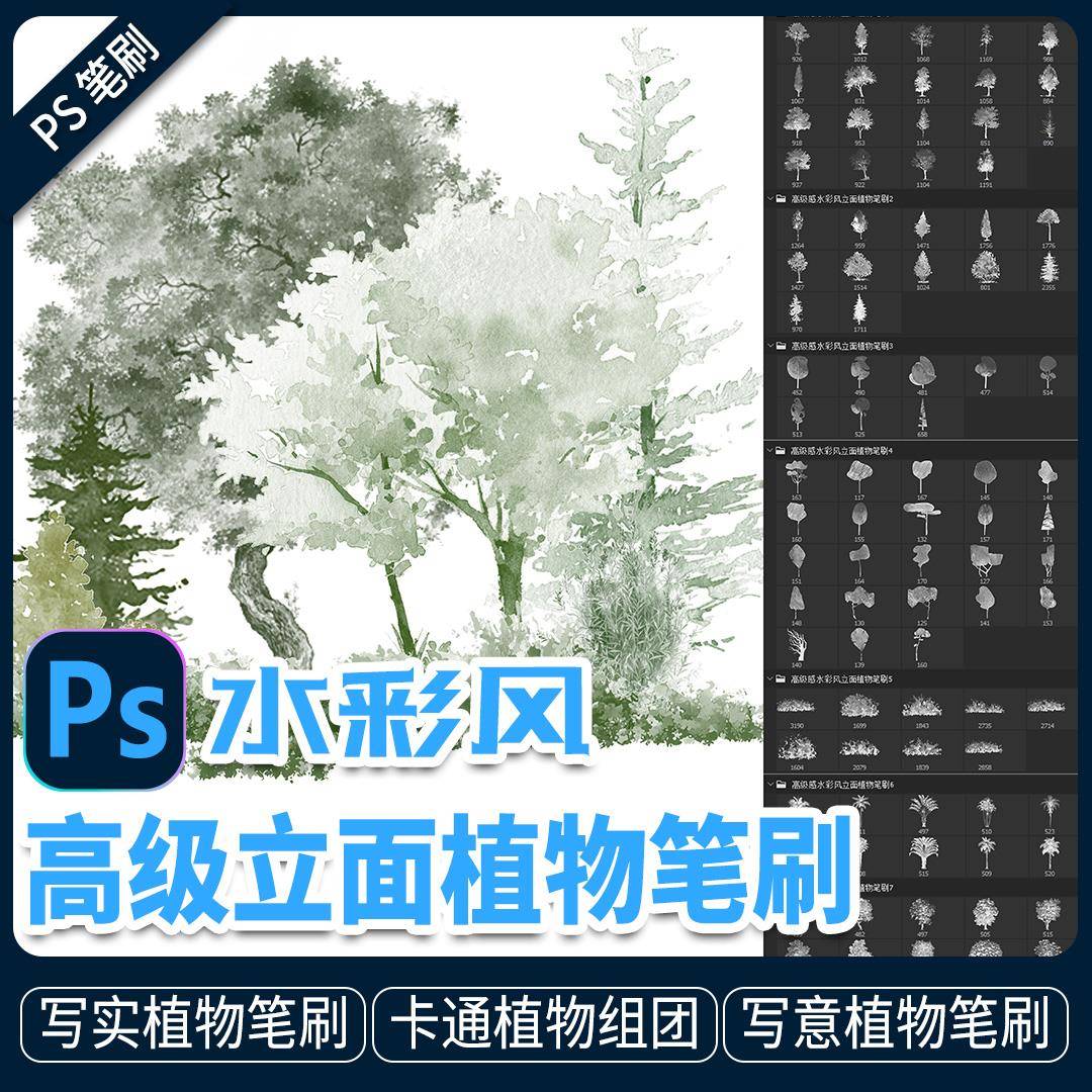 植物立面分析图水彩风格手绘水墨风高级树木乔木灌木立面图ps笔刷