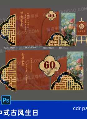 新中式古风红色竹子花卉60岁生日爸爸生日寿宴背景设计素材pscdr