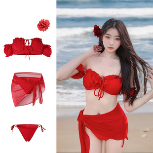 性感歐美風復古紅色比基尼分體泳衣女純欲泳裝 網紅同款 2025新款