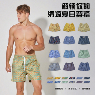 成人沙滩裤桃皮绒碎花四分裤海边休闲直筒速干内衬款海边游泳短裤