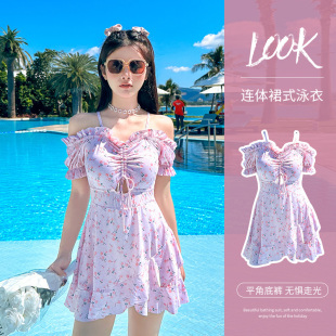 保守遮肚一字肩温泉度假泳装 百雅新款 连体泳衣ins纯欲风碎花裙式