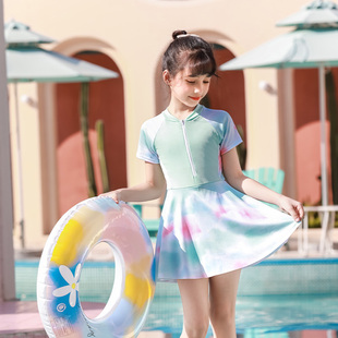 女孩中童冲浪拉链学生运动沙滩泳装 2025新款 儿童泳衣女童连体裙式
