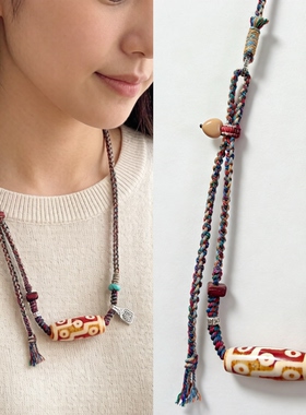 「盘它」原创设计九眼天珠藏风锁骨项链绿松925银横带锁骨简约