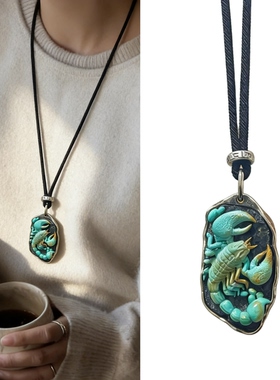 「盘它」天然原矿绿松蝎子个性复古老银重工镶嵌吊坠项链毛衣链