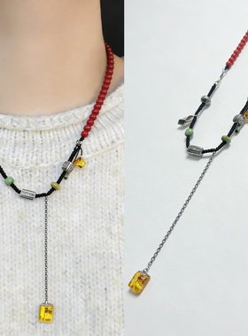 「盘它」原创设计天然花珀方糖搭配足银南红绿松锁骨项链提溜链条