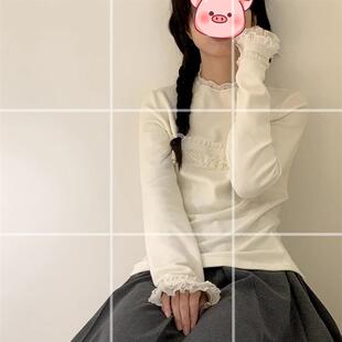 纯色内搭百搭T恤上衣 笺一 秋冬新款 白色打底衫 女拼接蕾丝花边长袖