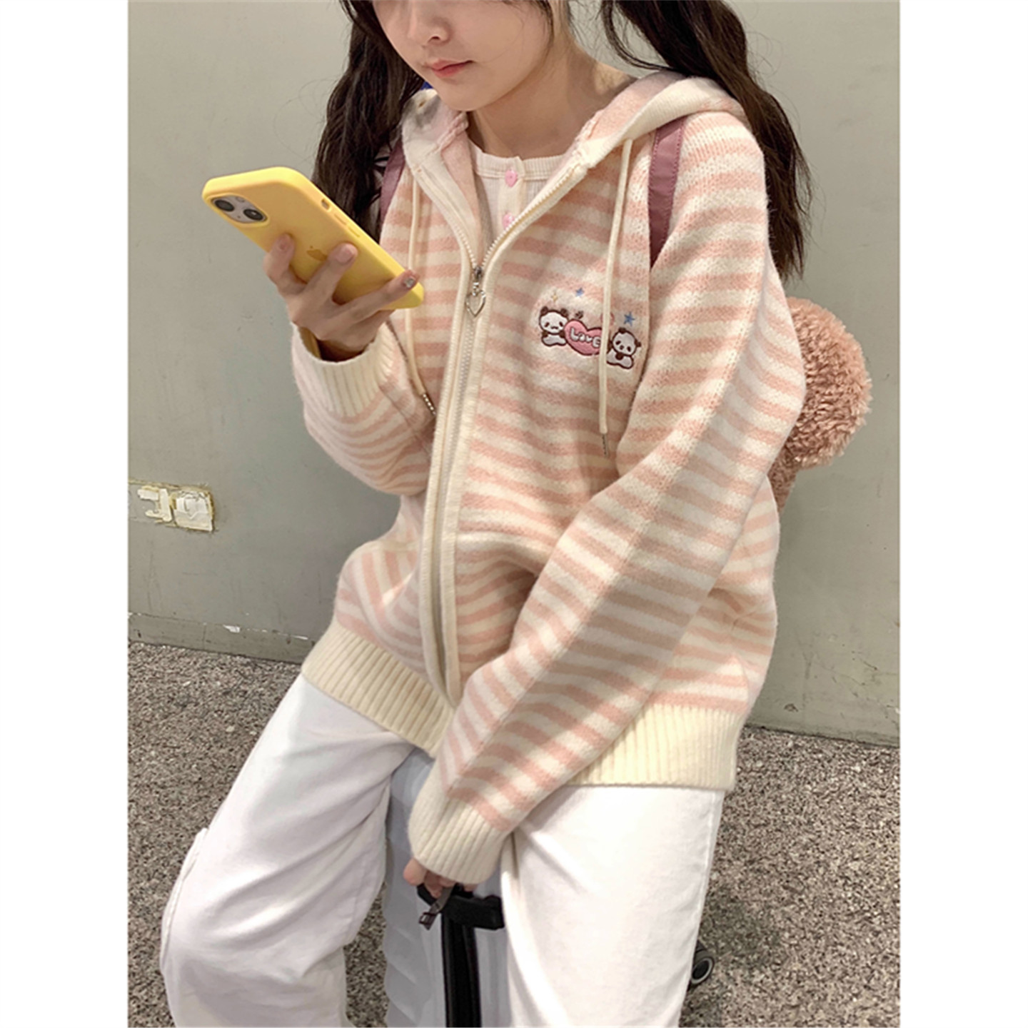 韩版开衫宽松慵懒风连帽毛衣女