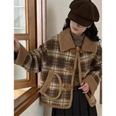 2025秋冬新款 韩版 宽松慵懒风毛呢外套女设计感小众格子拼接上衣潮