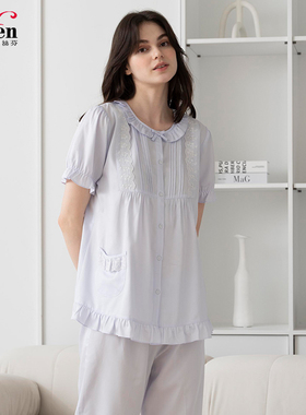 伊丝芬春夏女士纯棉七分裤新款圆领荷叶边开襟短袖衣裤套装33061