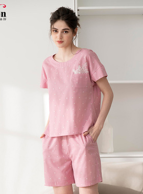 伊丝芬春夏新款 圆领套头短袖短裤套装纯棉双层纱提花 32071