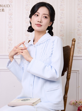 罗丝美2025秋冬新款14246纯棉暖棉布可外穿长袖睡衣家居服套装女