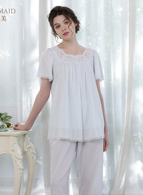 罗丝美春夏100%纯棉提花梭织布蕾丝圆领套头短袖中裤衣裤套13062