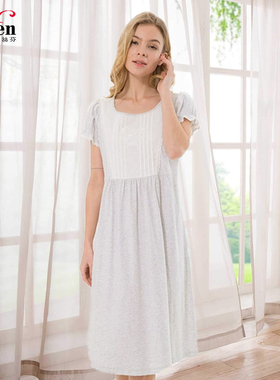 伊丝芬春夏 圆领套头短袖女睡裙纯棉针织中长款 39831