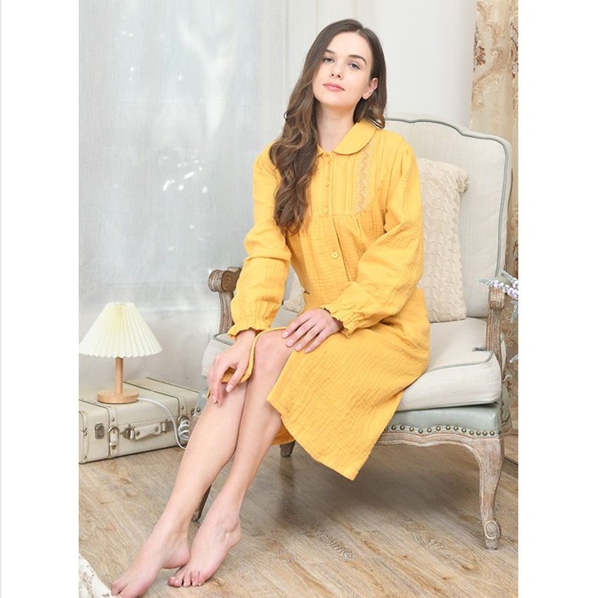 罗丝美12217秋冬新纯棉四层纱娃娃领全开襟长袖中长款睡裙家居服