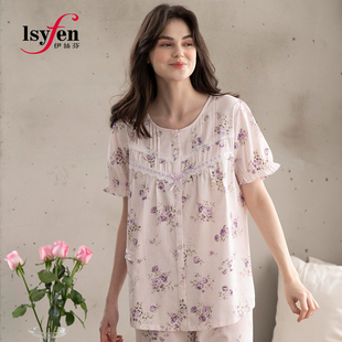 圆领短袖 纯棉直贡印花全开襟 长裤 套装 32067 衣裤 伊丝芬春夏新款