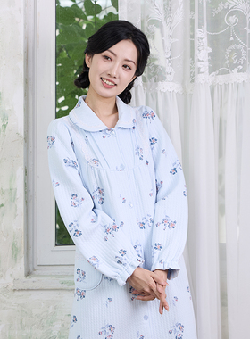 罗丝美2025秋冬新款14220纯棉暖棉布印花全开襟长袖家居服睡裙女