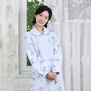 罗丝美2025秋冬新款 家居服睡裙女 14220纯棉暖棉布印花全开襟长袖