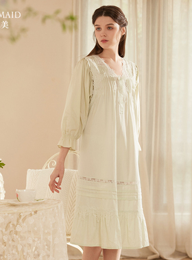 罗丝美春夏新款100%纯棉女睡裙半开襟镶蕾丝长袖洋装经典款13014