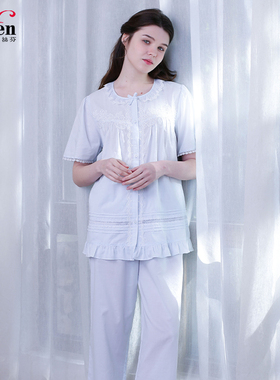 伊丝芬春夏100%纯棉60支梭织布圆领镶荷叶边短袖长裤衣裤套33062