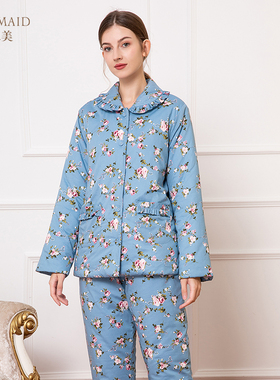 罗丝美秋冬新品全棉精梳府绸印花翻领棉袄女夹棉衣裤套睡衣13285
