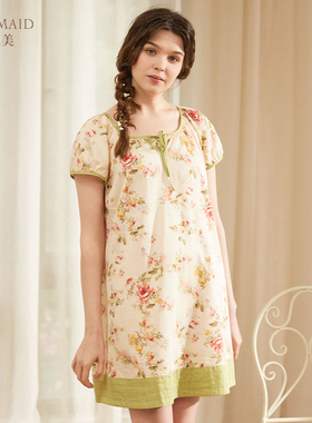 罗丝美春夏新款100%纯棉直贡印花圆领套头异色拼接短袖睡裙13030