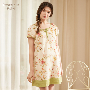 罗丝美春夏新款 睡裙13030 100%纯棉直贡印花圆领套头异色拼接短袖