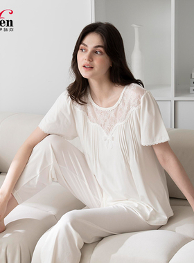 伊丝芬春夏 圆领套头短袖长裤衣裤套针织 棉+莫代尔蕾丝拼接32065