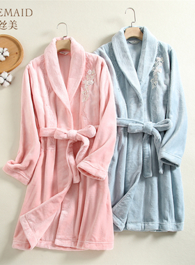 Rosemaid/罗丝美  法兰绒束带女士睡袍秋冬长款保暖厚款睡衣18208