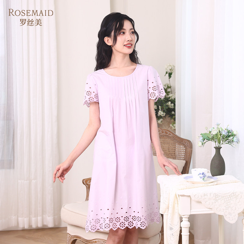 罗丝美15035春夏新款纯棉镂空绣花短袖中裙睡裙女圆领甜美家居服