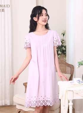 罗丝美15035春夏新款纯棉镂空绣花短袖中裙睡裙女圆领甜美家居服