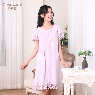罗丝美15035春夏新款 中裙睡裙女圆领甜美家居服 纯棉镂空绣花短袖