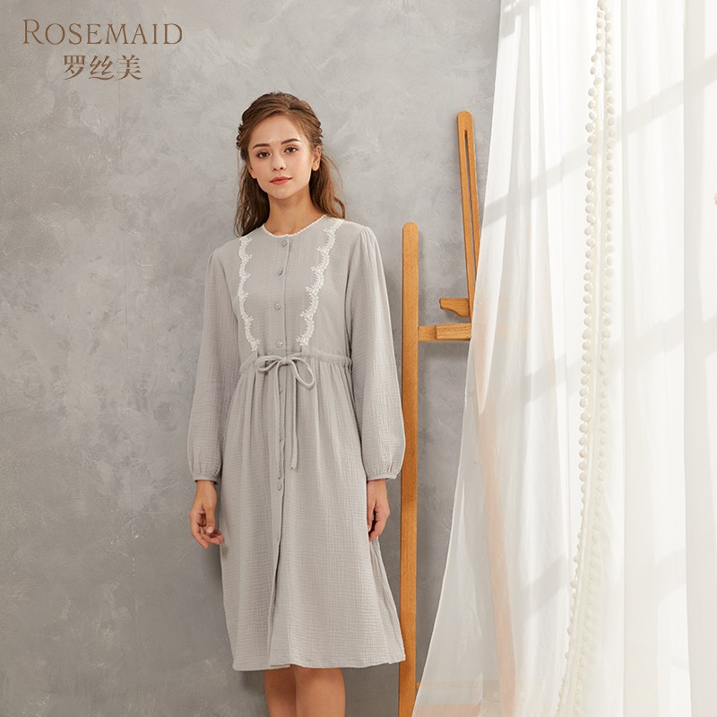 罗丝美精梳纯棉圆领半开襟睡裙