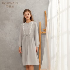 罗丝美11218秋冬新款精梳纯棉绉布睡裙圆领镶蕾丝可外穿家居服女