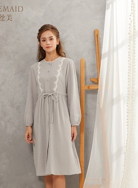 罗丝美11218秋冬新款精梳纯棉绉布睡裙圆领镶蕾丝可外穿家居服女