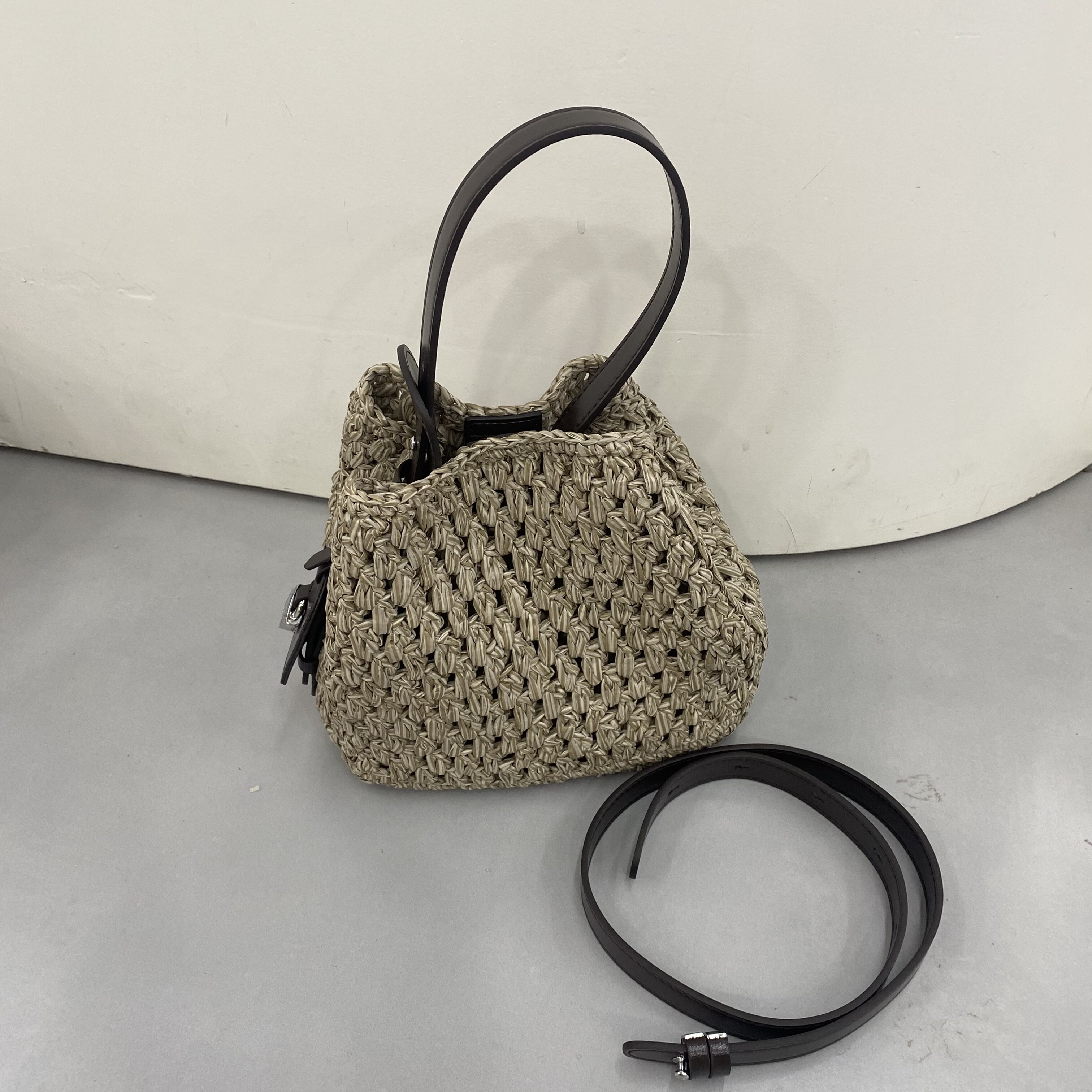 玛特草配牛皮编织包新款女包单肩斜挎包百搭小托特包度假风5895