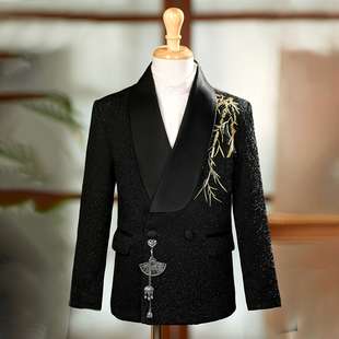 儿童中式刺绣西装中国风高端宴会青果领正装主持人礼服亮片中大童