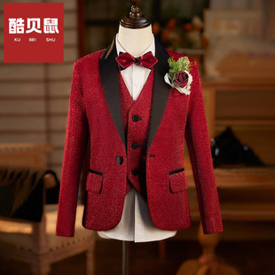 男童西装套装红色礼服儿童礼服亮片中大童走秀西服钢琴吉他演出服
