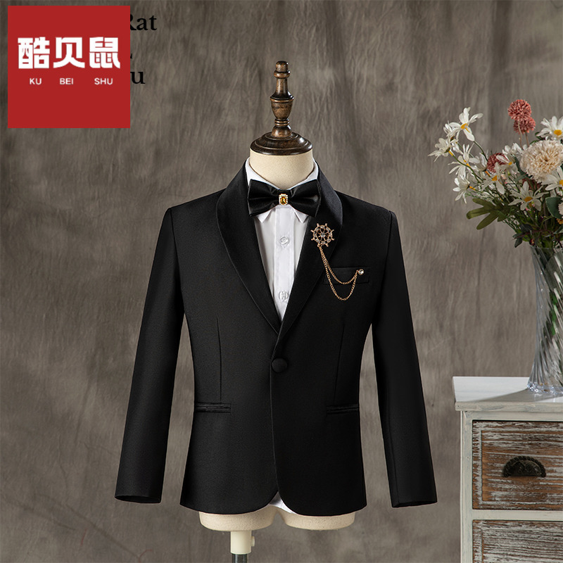 儿童黑色小西装套装男童青果领礼服钢琴演出服花童外套洋气英伦风