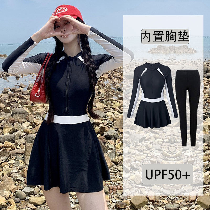 连体长袖泳衣裙式保守修身显瘦速干运动款防晒冲浪水母衣潜水服