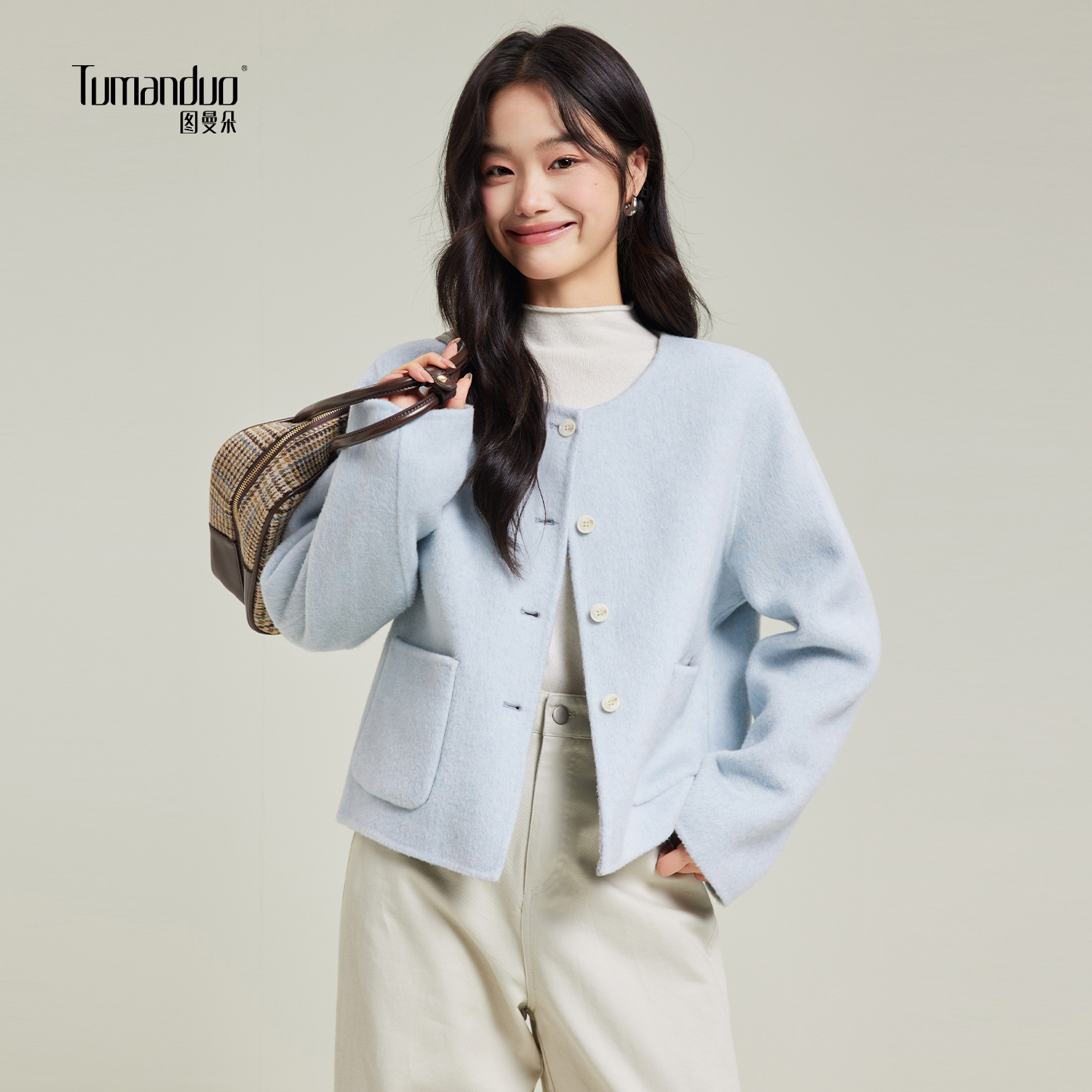 蓝色圆领毛呢外套羊毛呢大衣