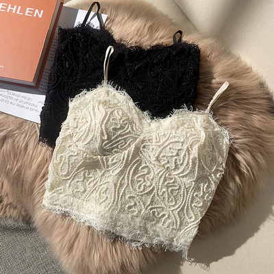 蕾丝小吊带背心女春夏西装贴身短款露脐性感内搭外穿皮草打底上衣