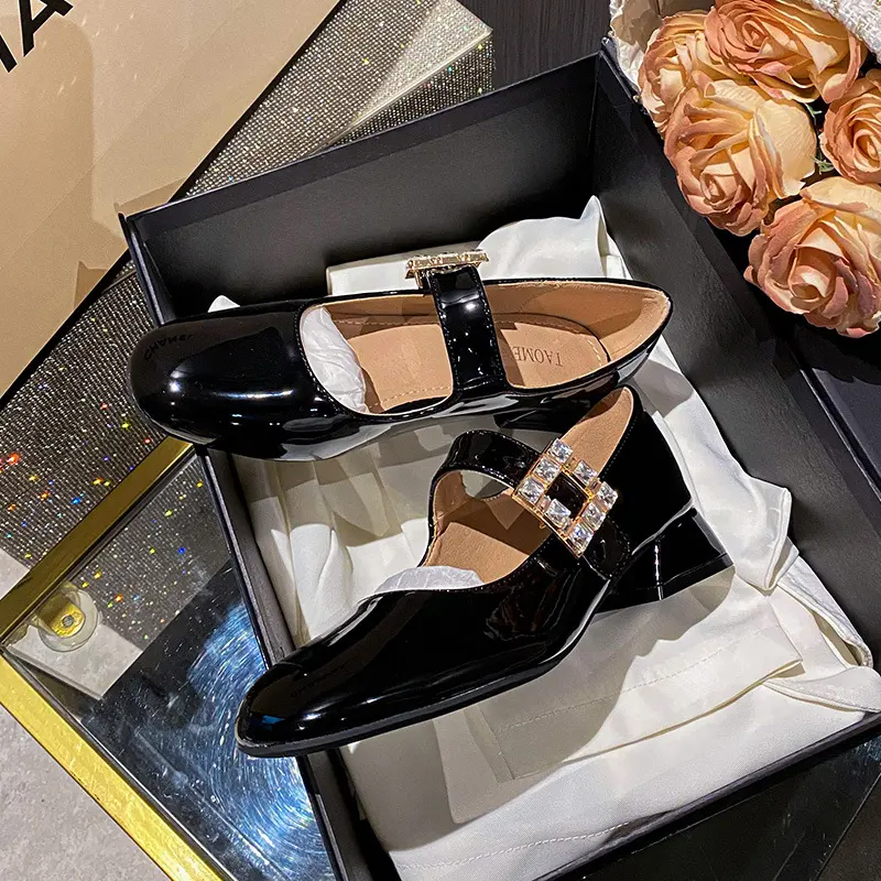 ak-10【惠东达】玛丽珍鞋女2025春新款一字扣水钻粗跟单鞋女