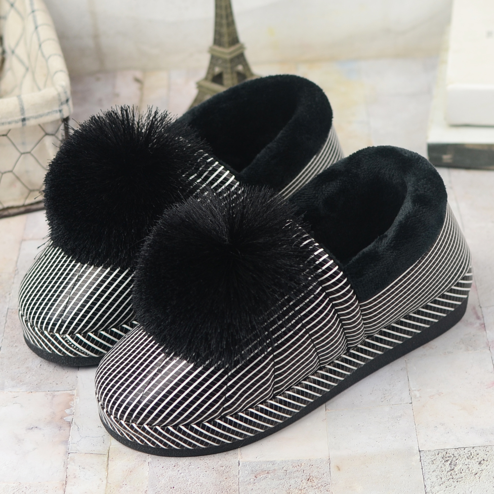 厚底保暖防水皮面棉鞋女月子鞋冬毛球条纹妈妈鞋耐脏高跟包跟棉拖